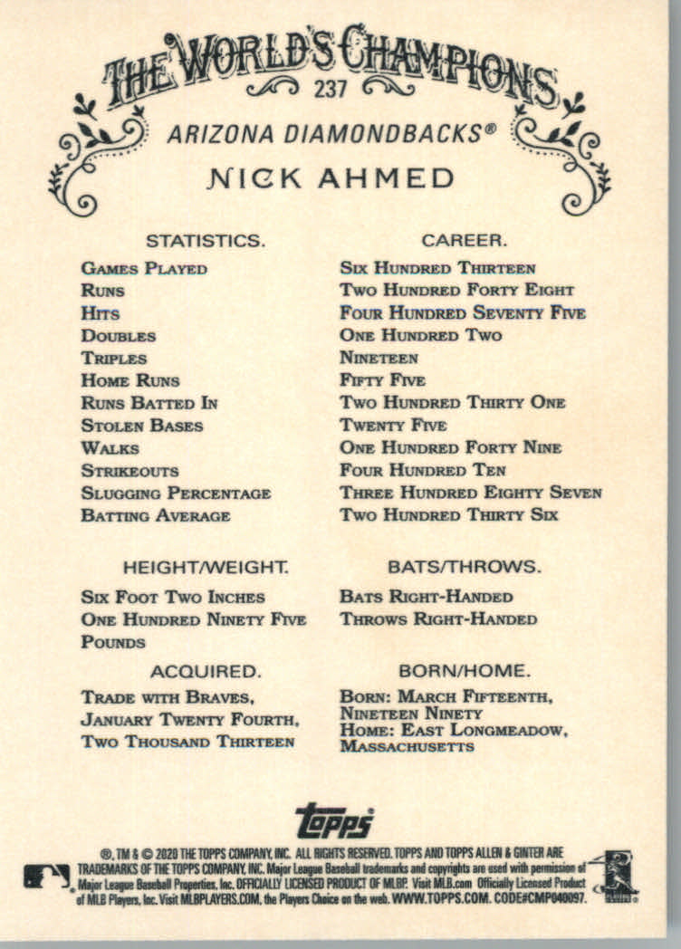 2020 Allen and Ginter (Topps) Baseball "Main Set" Base Cards #1 to #250 - Picture 441 of 467