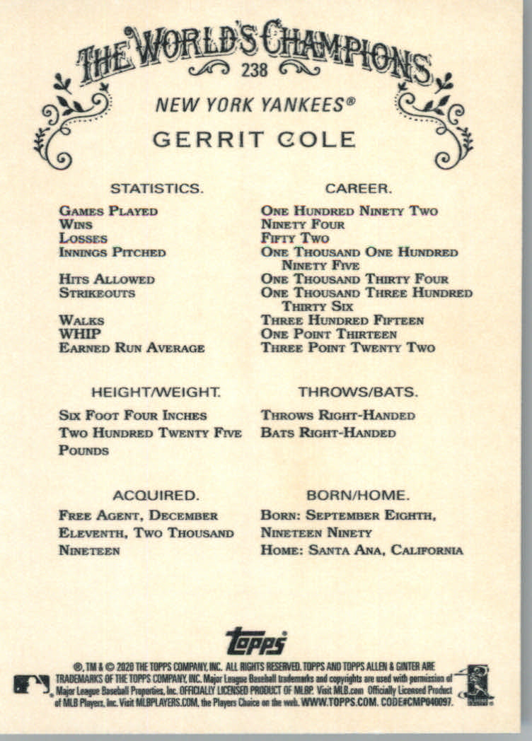 2020 Allen and Ginter (Topps) Baseball "Main Set" Base Cards #1 to #250 - Picture 443 of 467