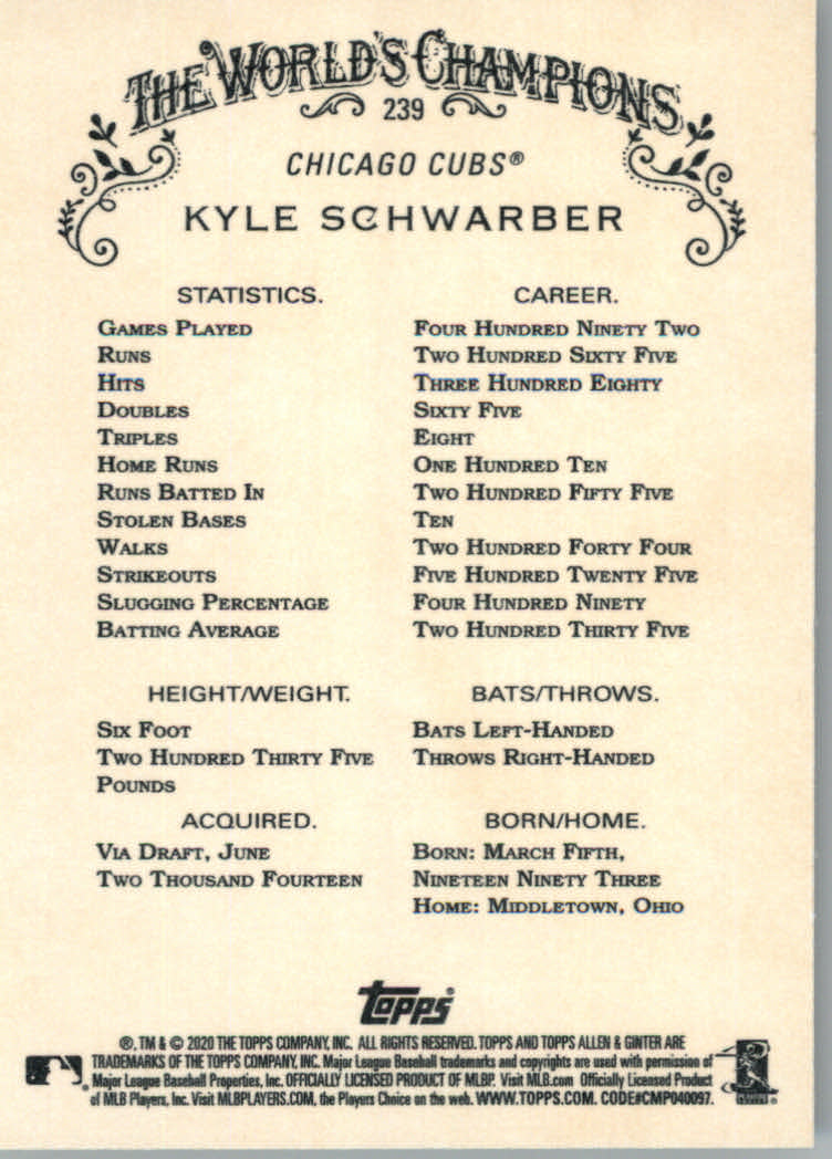 2020 Allen and Ginter (Topps) Baseball "Main Set" Base Cards #1 to #250 - Picture 445 of 467