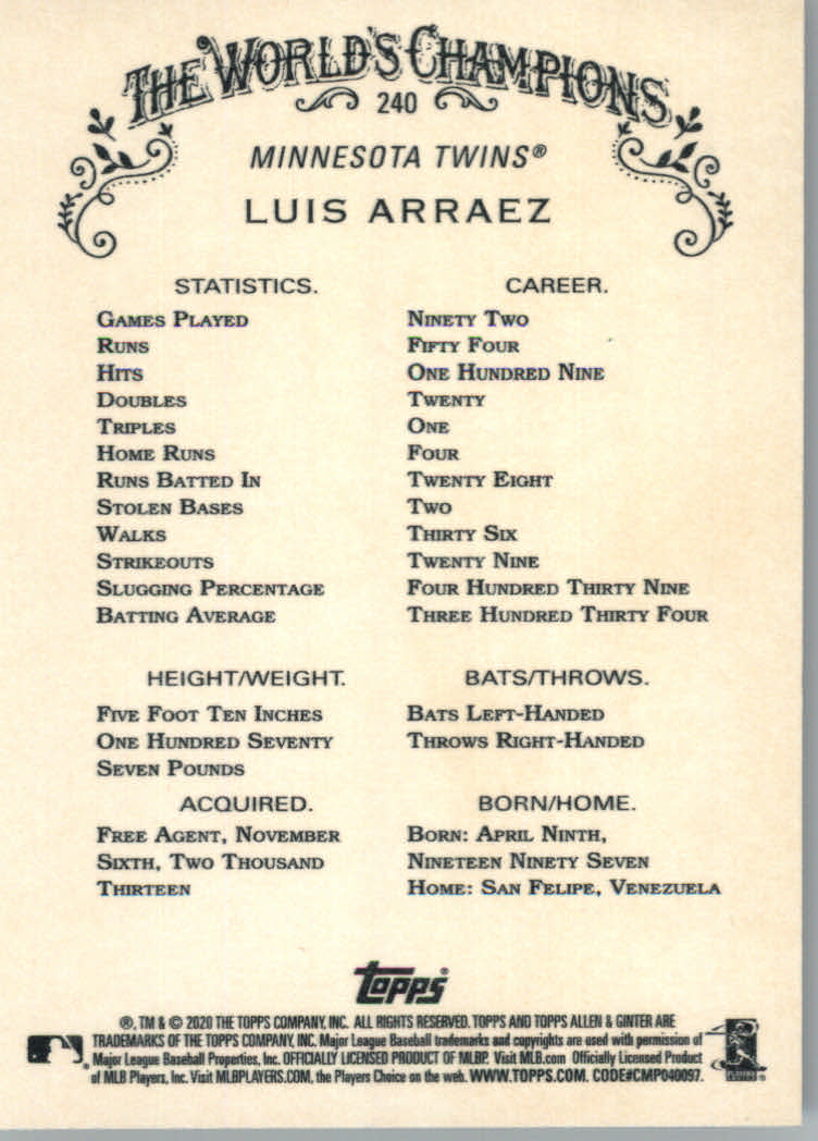 2020 Allen and Ginter (Topps) Baseball "Main Set" Base Cards #1 to #250 - Picture 447 of 467