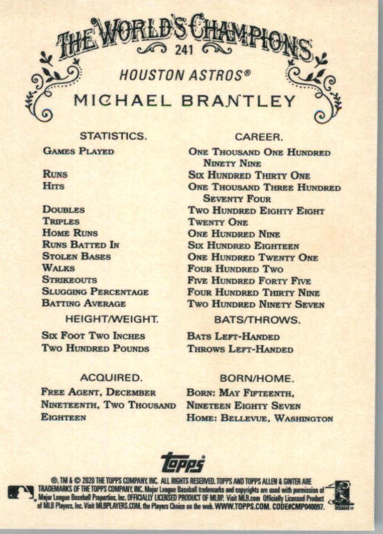 2020 Allen and Ginter (Topps) Baseball "Main Set" Base Cards #1 to #250 - Picture 449 of 467