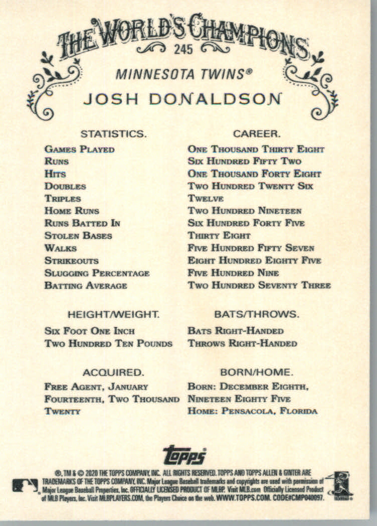 2020 Allen and Ginter (Topps) Baseball "Main Set" Base Cards #1 to #250 - Picture 457 of 467