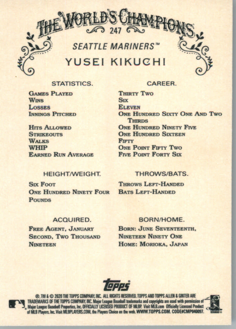 2020 Allen and Ginter (Topps) Baseball "Main Set" Base Cards #1 to #250 - Picture 461 of 467