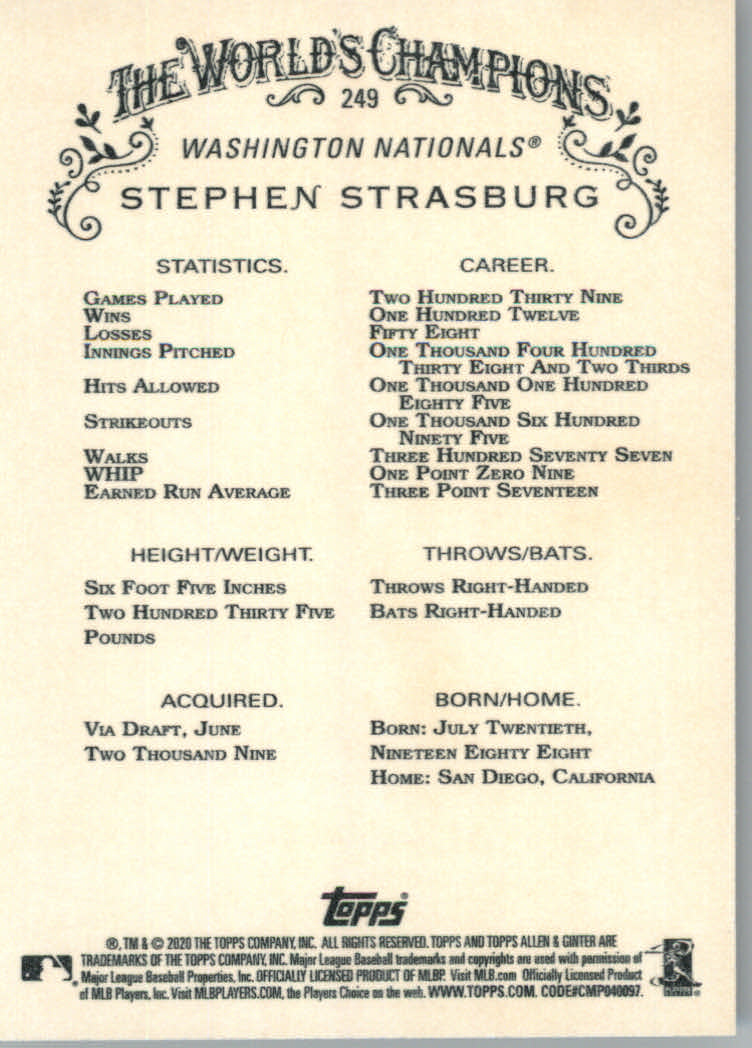 2020 Allen and Ginter (Topps) Baseball "Main Set" Base Cards #1 to #250 - Picture 465 of 467