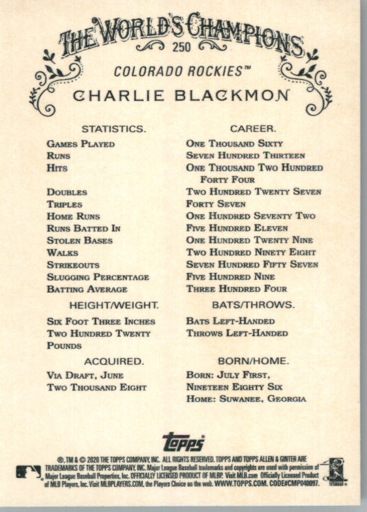 2020 Allen and Ginter (Topps) Baseball "Main Set" Base Cards #1 to #250 - Picture 467 of 467