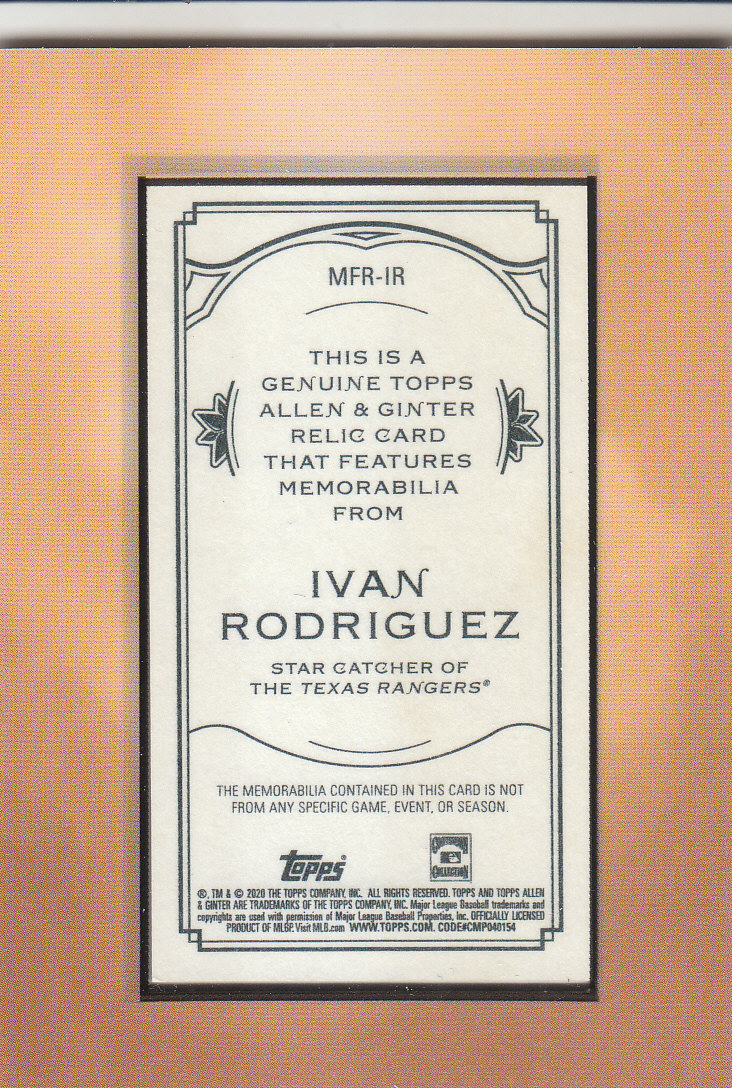 2020 Allen and Ginter (Topps) Baseball "Relics" Insert Cards - Picture 3 of 25