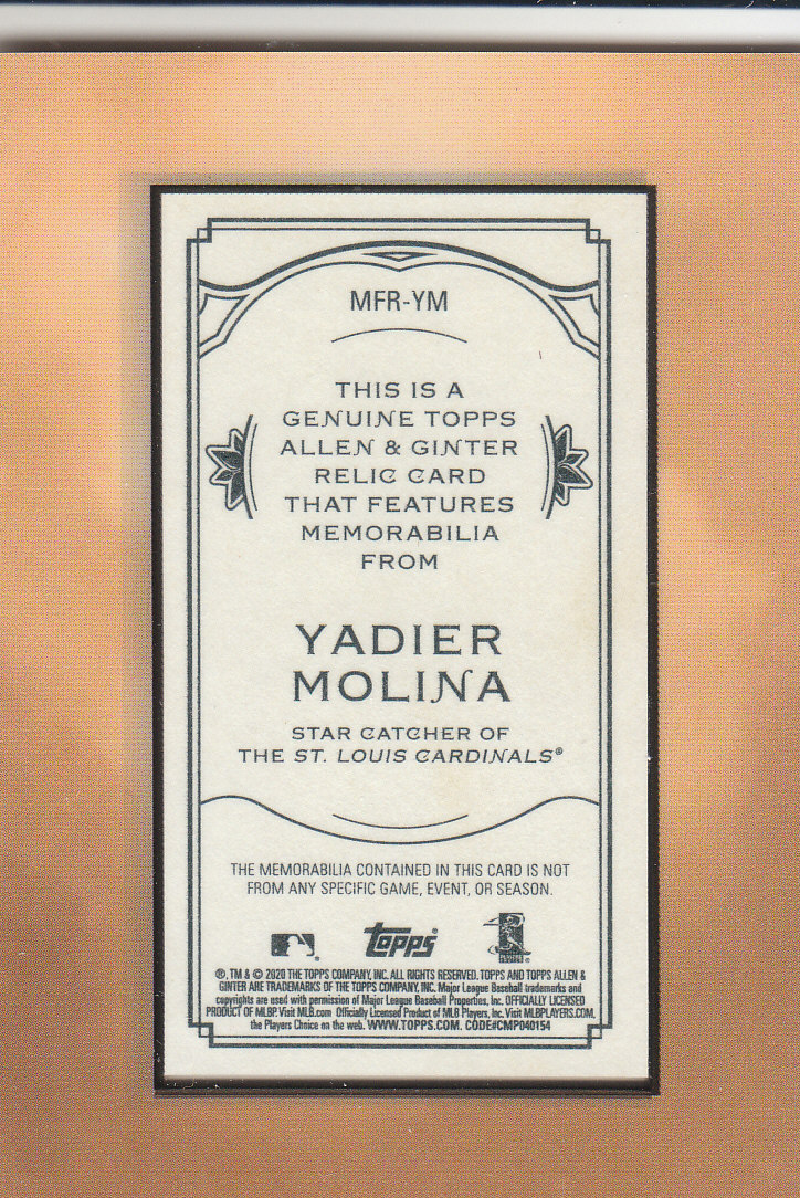 2020 Allen and Ginter (Topps) Baseball "Relics" Insert Cards - Picture 7 of 25