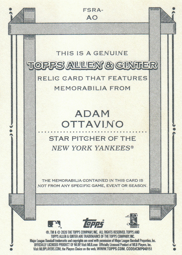 2020 Allen and Ginter (Topps) Baseball "Relics" Insert Cards - Picture 9 of 25