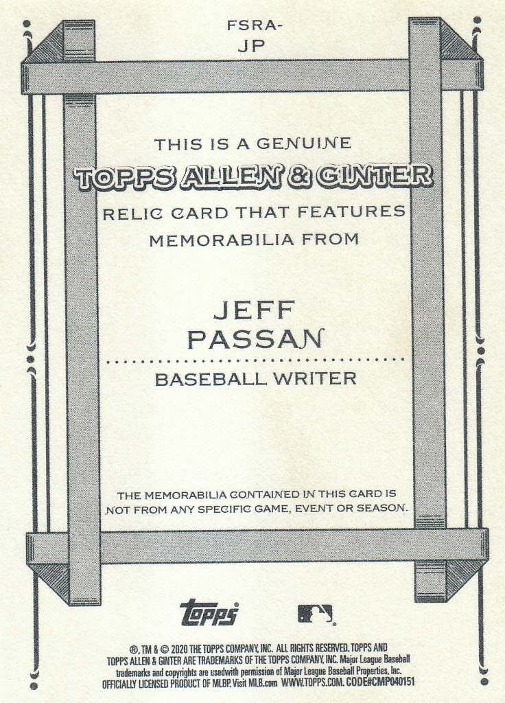 2020 Allen and Ginter (Topps) Baseball "Relics" Insert Cards - Picture 15 of 25