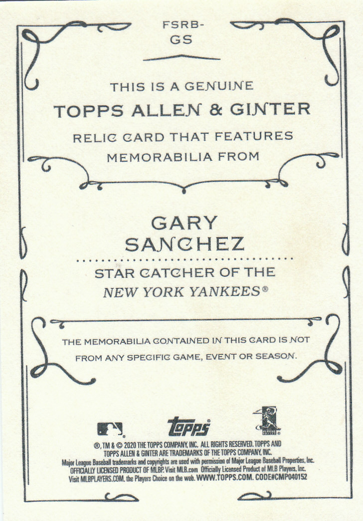 2020 Allen and Ginter (Topps) Baseball "Relics" Insert Cards - Picture 19 of 25