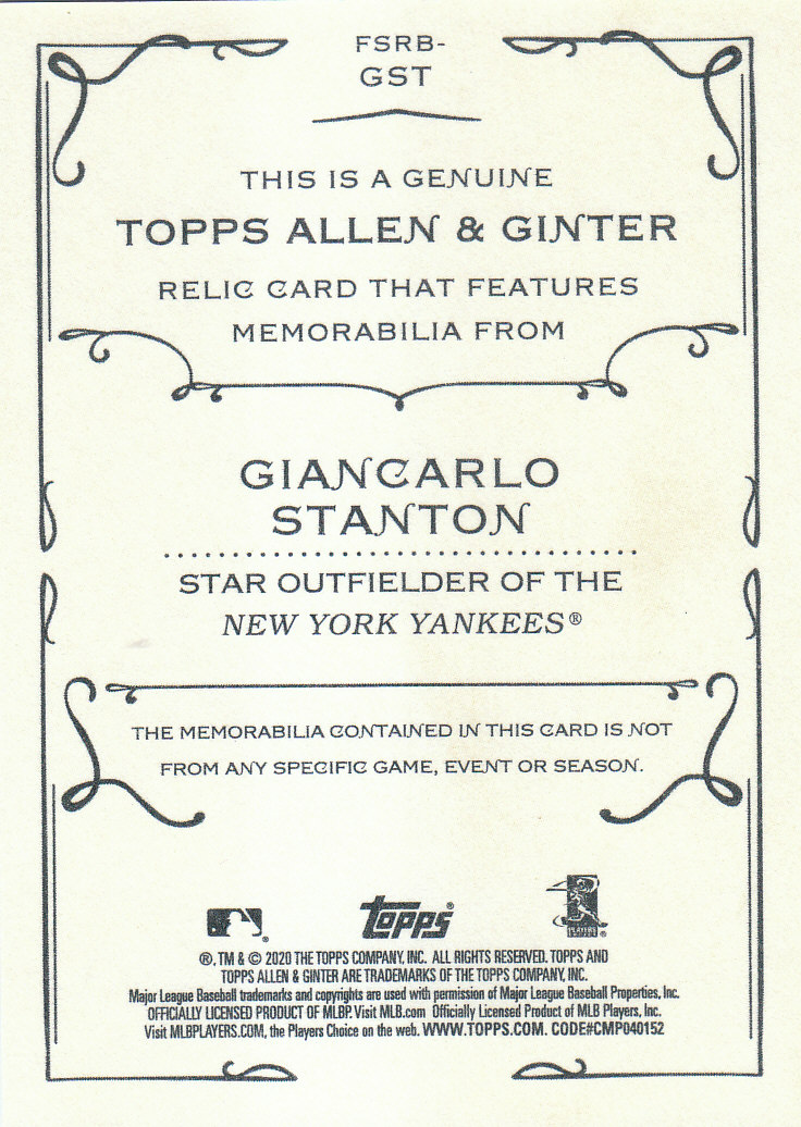 2020 Allen and Ginter (Topps) Baseball "Relics" Insert Cards - Picture 21 of 25