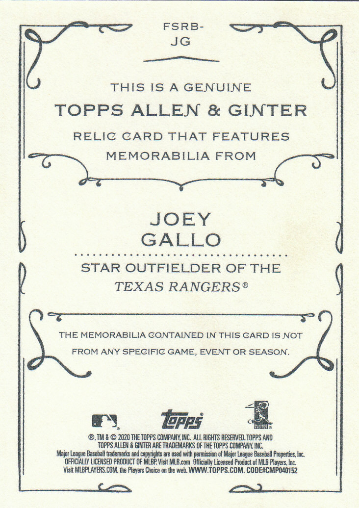 2020 Allen and Ginter (Topps) Baseball "Relics" Insert Cards - Picture 23 of 25