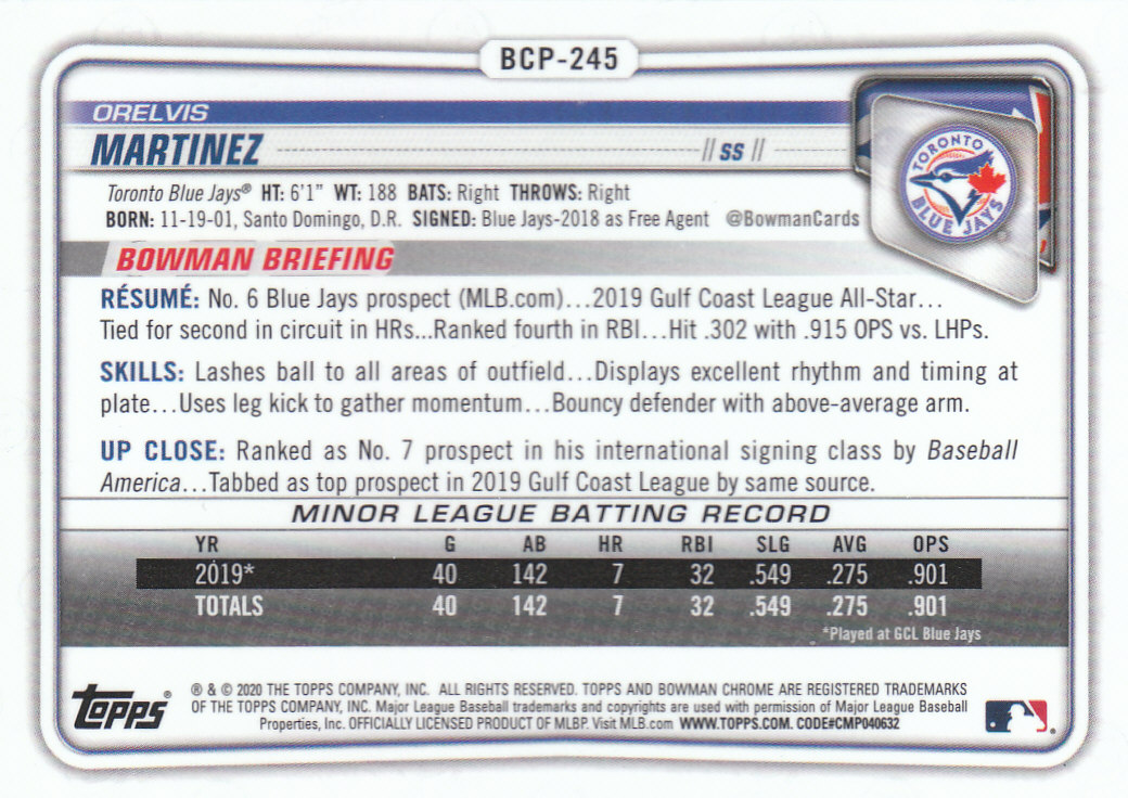 2020 Bowman Chrome Baseball "Refractors" Prospects Parallel Cards - Picture 55 of 73