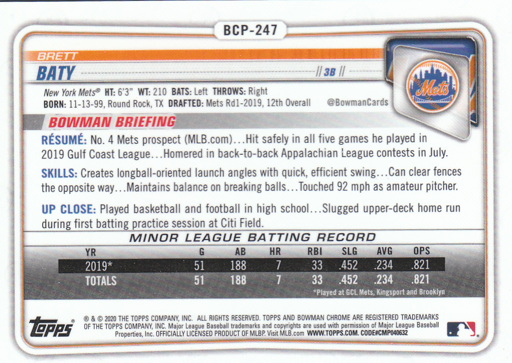 2020 Bowman Chrome Baseball "Refractors" Prospects Parallel Cards - Picture 29 of 73