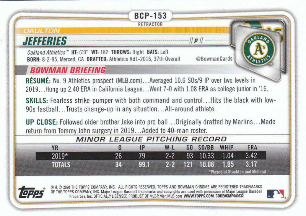 2020 Bowman Chrome Baseball "Refractors" Prospects Parallel Cards - Picture 63 of 73