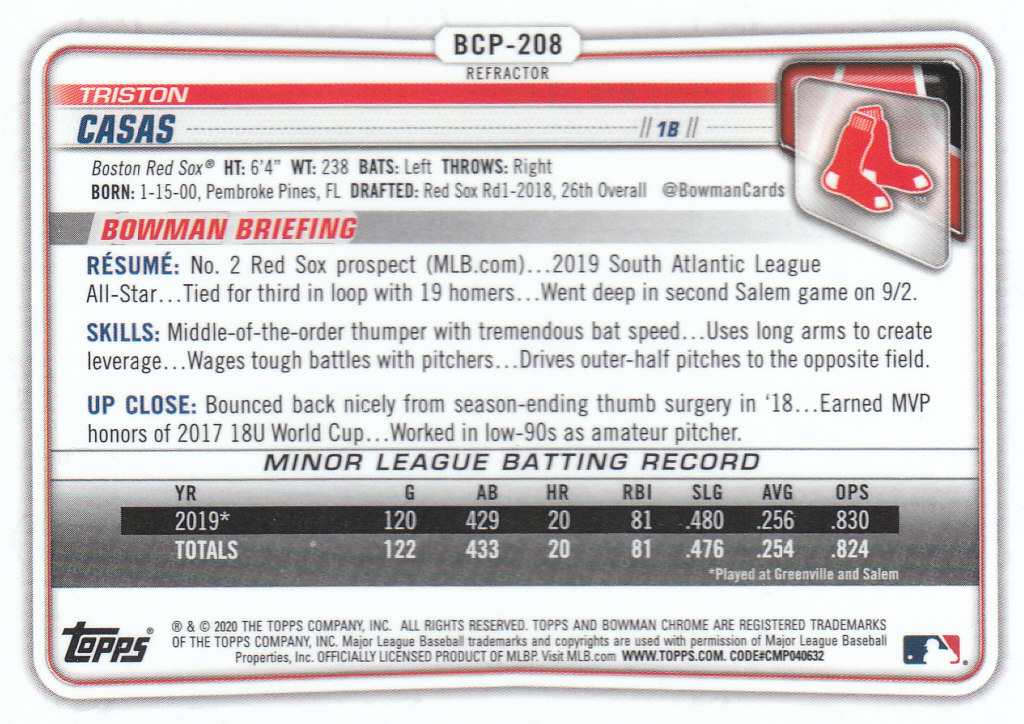 2020 Bowman Chrome Baseball "Refractors" Prospects Parallel Cards - Picture 67 of 73