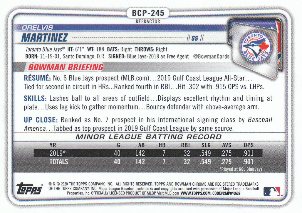 2020 Bowman Chrome Baseball "Refractors" Prospects Parallel Cards - Picture 69 of 73