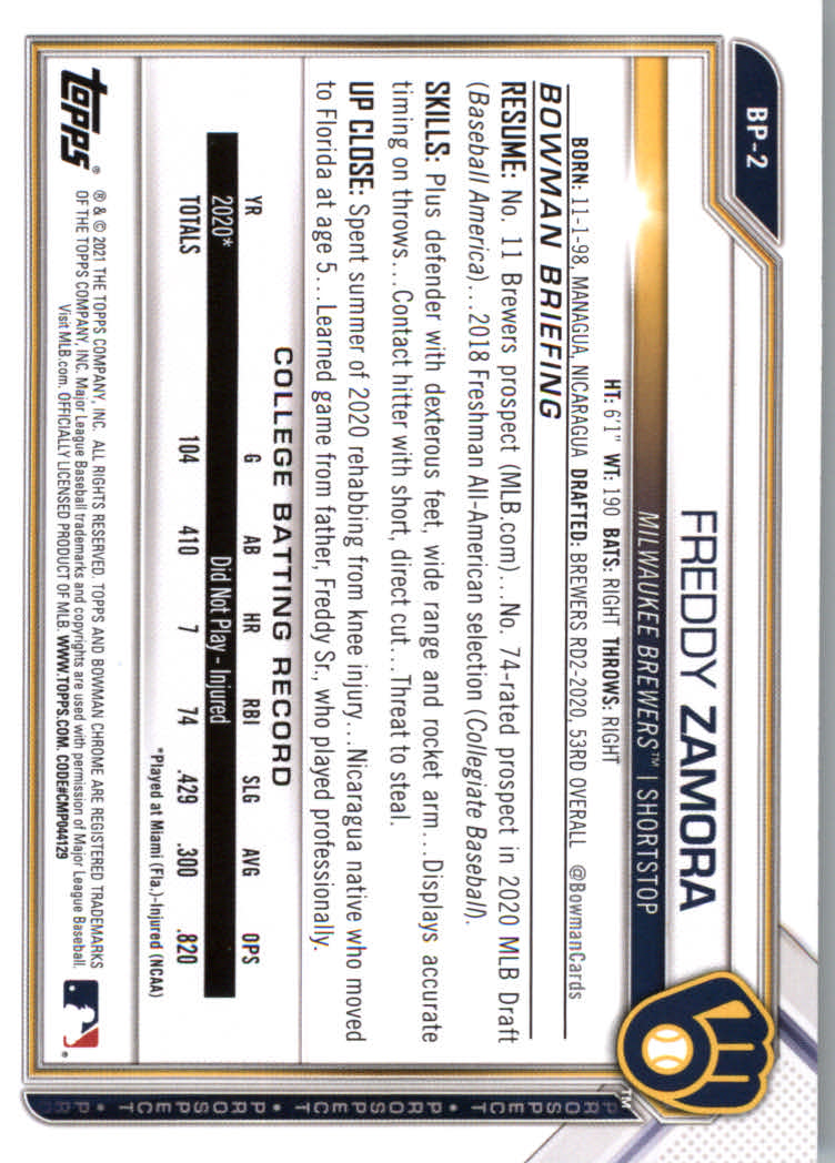 2021 Bowman Prospects Baseball Cards #BP1 to #BP150 - Picture 3 of 271