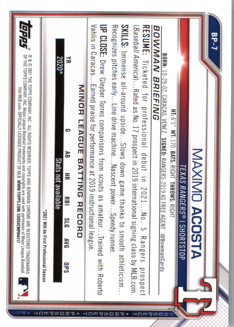 2021 Bowman Prospects Baseball Cards #BP1 to #BP150 - Picture 11 of 271