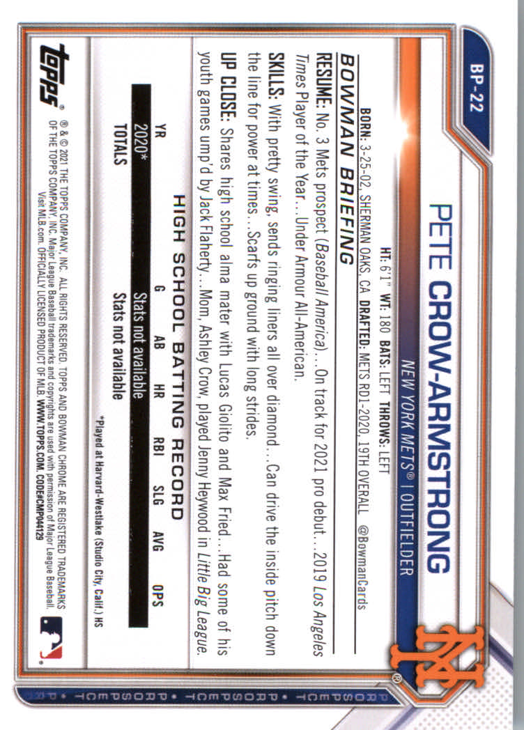 2021 Bowman Prospects Baseball Cards #BP1 to #BP150 - Picture 41 of 271