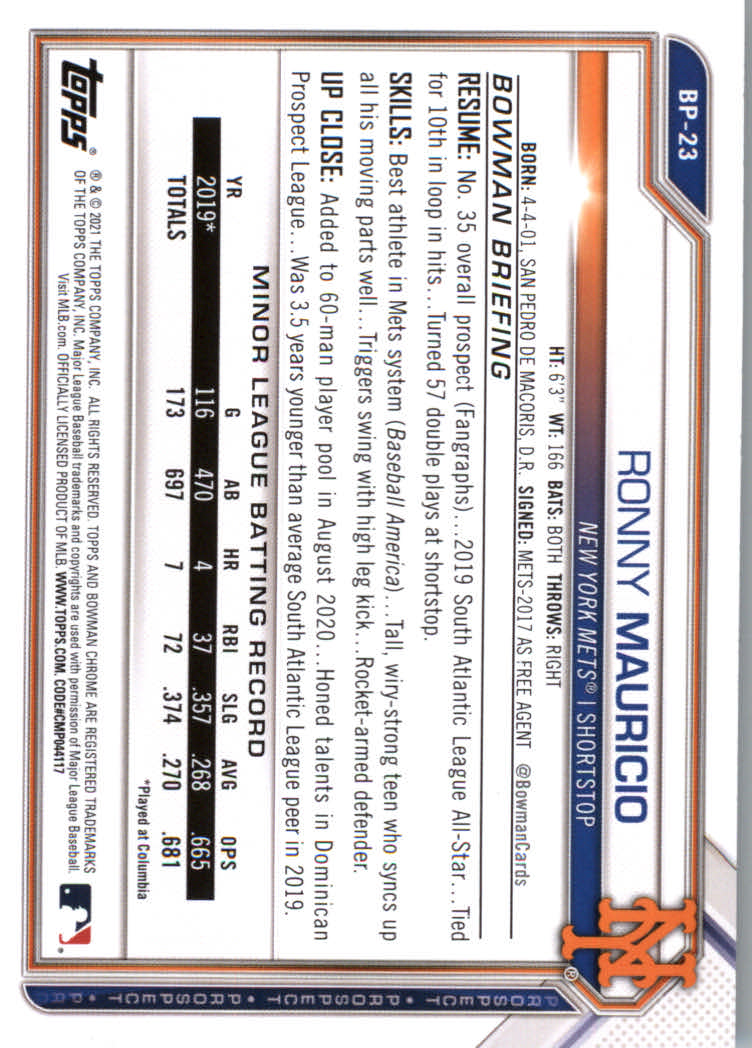 2021 Bowman Prospects Baseball Cards #BP1 to #BP150 - Picture 43 of 271