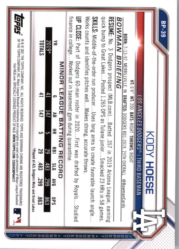 2021 Bowman Prospects Baseball Cards #BP1 to #BP150 - Picture 75 of 271