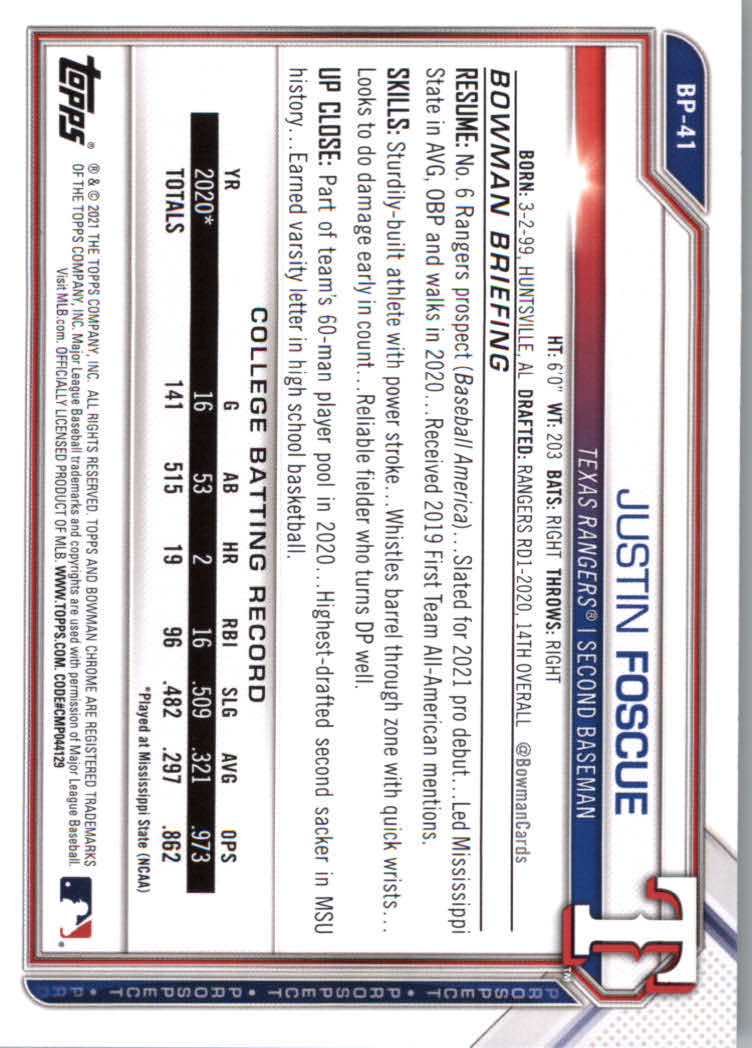 2021 Bowman Prospects Baseball Cards #BP1 to #BP150 - Picture 79 of 271