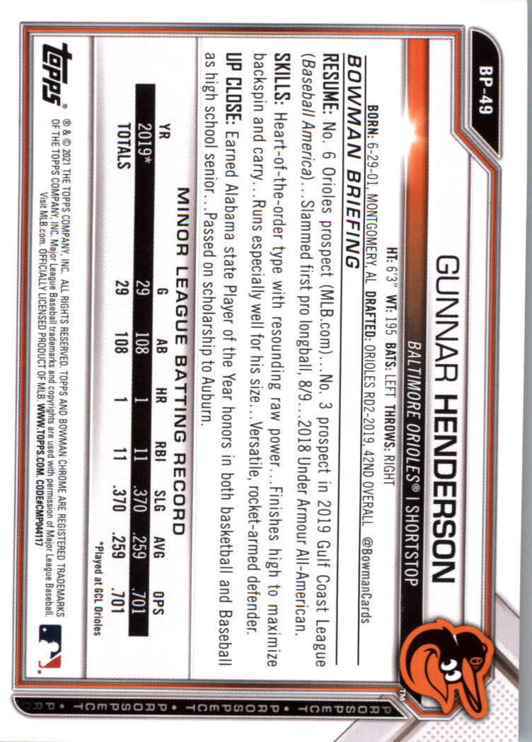 2021 Bowman Prospects Baseball Cards #BP1 to #BP150 - Picture 93 of 271