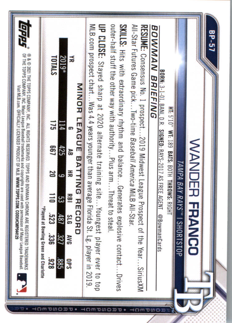 2021 Bowman Prospects Baseball Cards #BP1 to #BP150 - Picture 107 of 271