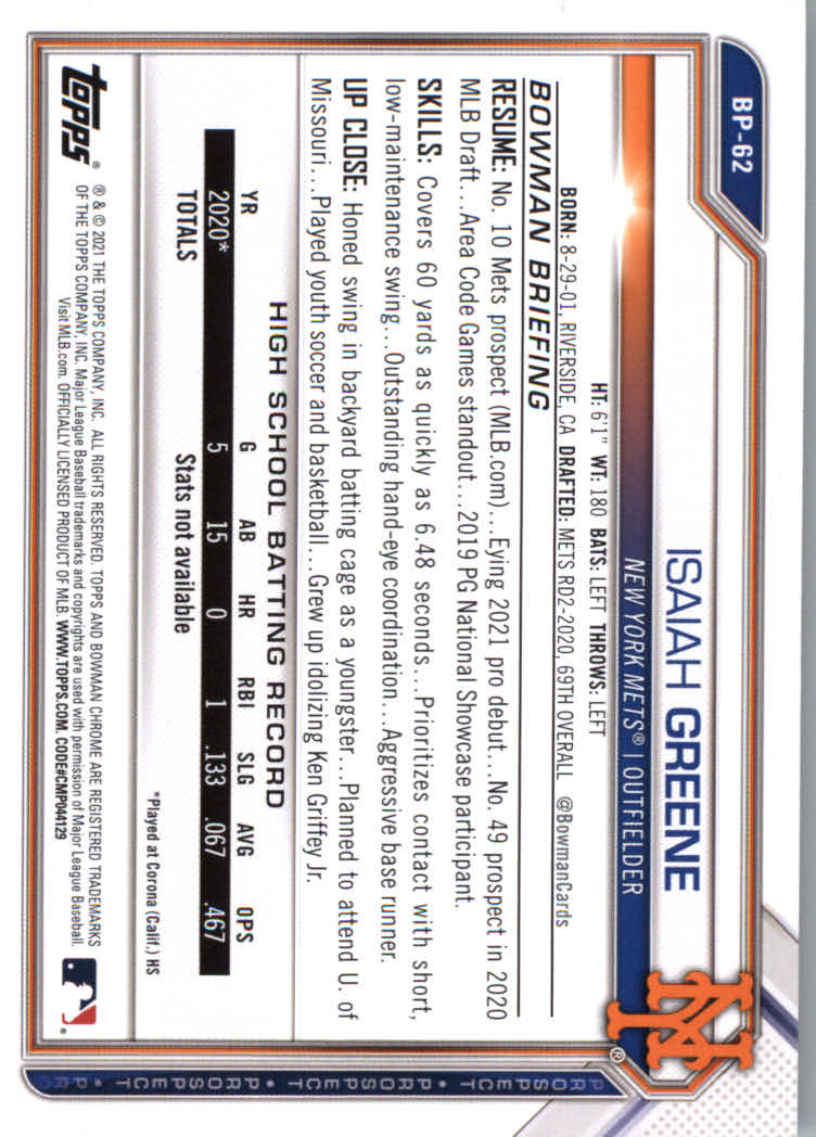 2021 Bowman Prospects Baseball Cards #BP1 to #BP150 - Picture 117 of 271