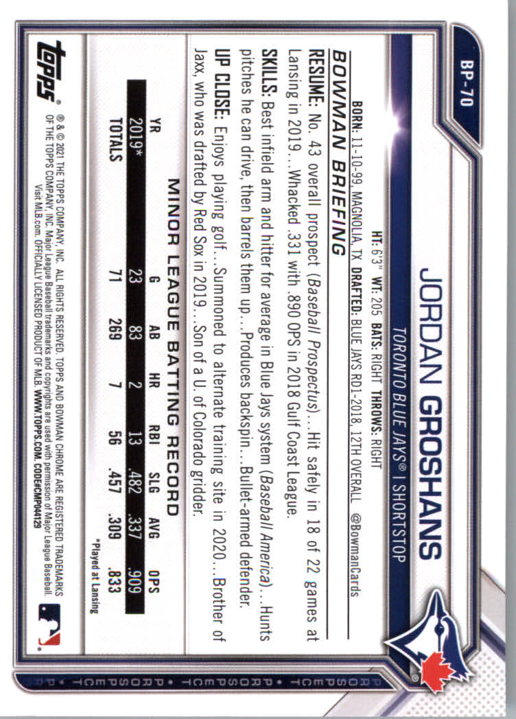 2021 Bowman Prospects Baseball Cards #BP1 to #BP150 - Picture 133 of 271