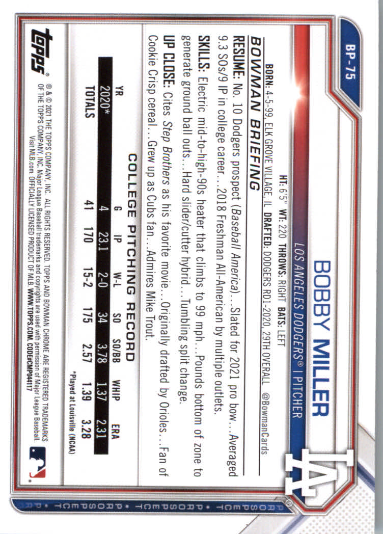 2021 Bowman Prospects Baseball Cards #BP1 to #BP150 - Picture 139 of 271