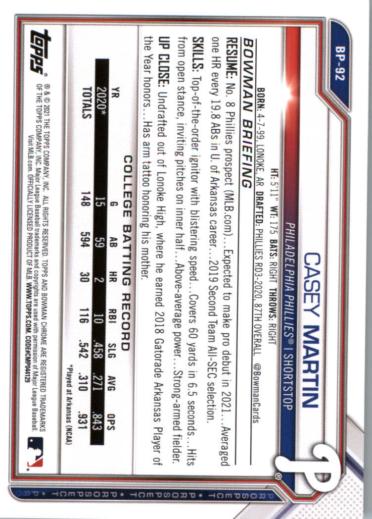 2021 Bowman Prospects Baseball Cards #BP1 to #BP150 - Picture 171 of 271