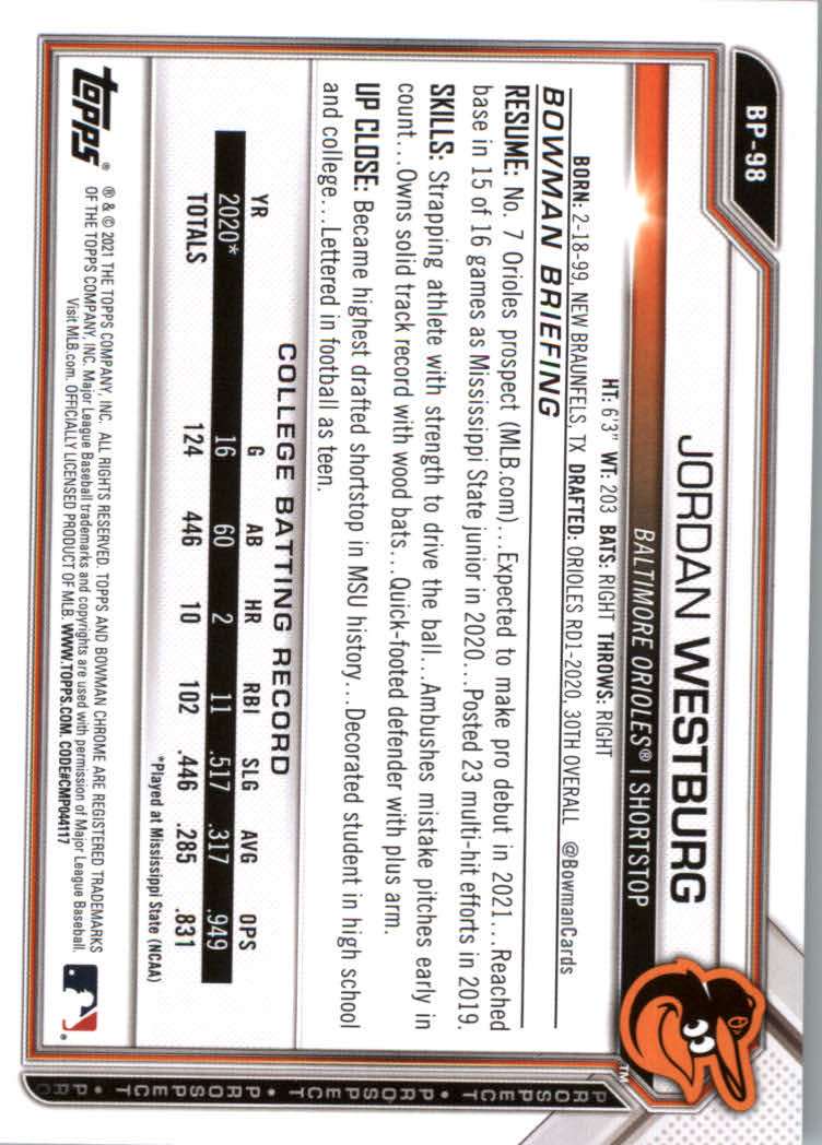 2021 Bowman Prospects Baseball Cards #BP1 to #BP150 - Picture 181 of 271