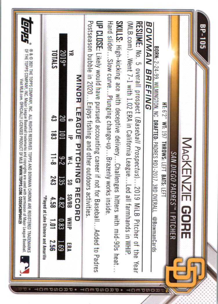 2021 Bowman Prospects Baseball Cards #BP1 to #BP150 - Picture 195 of 271