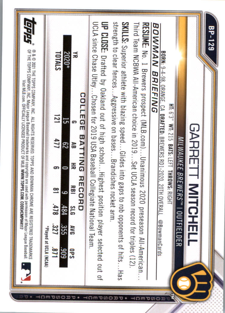 2021 Bowman Prospects Baseball Cards #BP1 to #BP150 - Picture 237 of 271