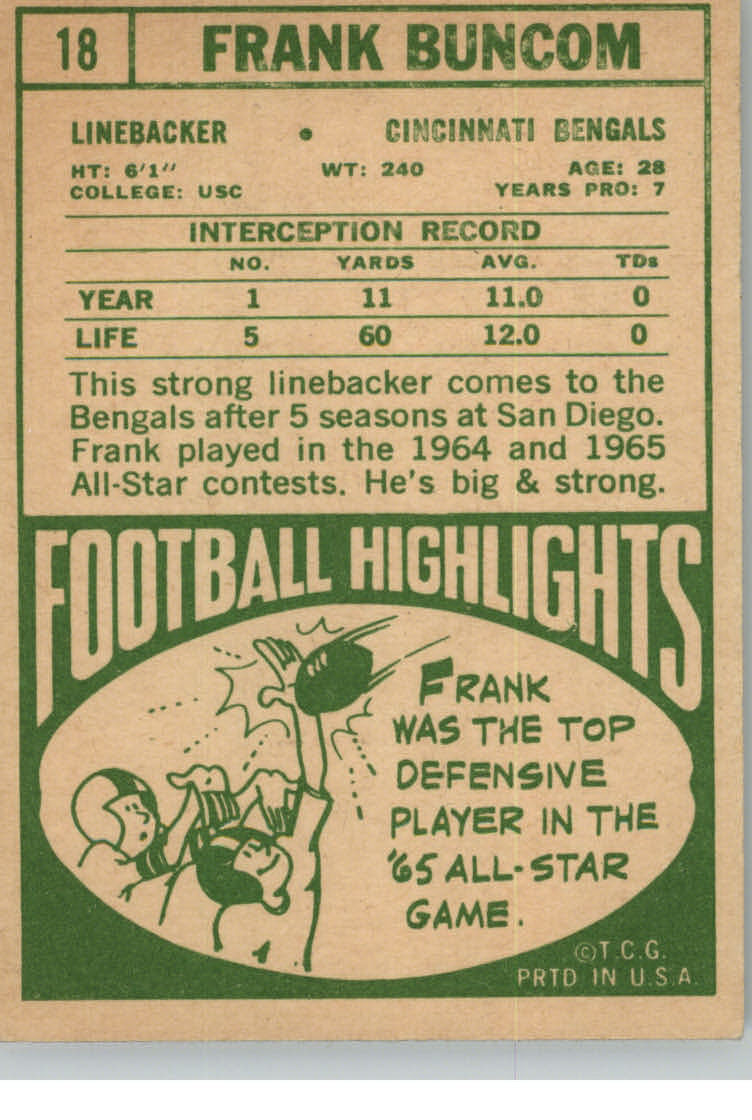 : 1969 Topps # 143 Frank Buncom Cincinnati Bengals (Football  Card) GOOD Bengals USC : Collectibles & Fine Art