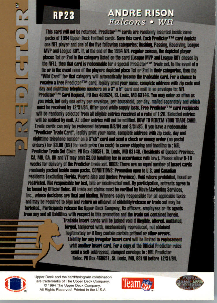 1994 Upper Deck Football "Predictor League Leaders" Insert and Prizes Cards - Picture 9 of 21