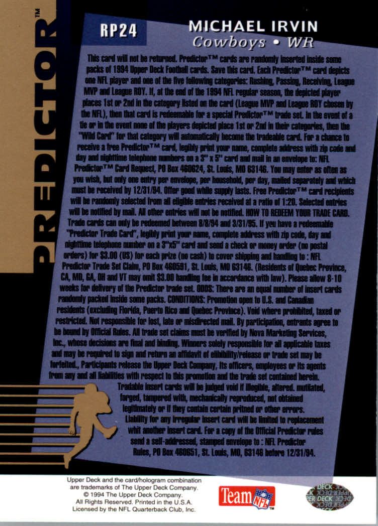 1994 Upper Deck Football "Predictor League Leaders" Insert and Prizes Cards - Picture 11 of 21