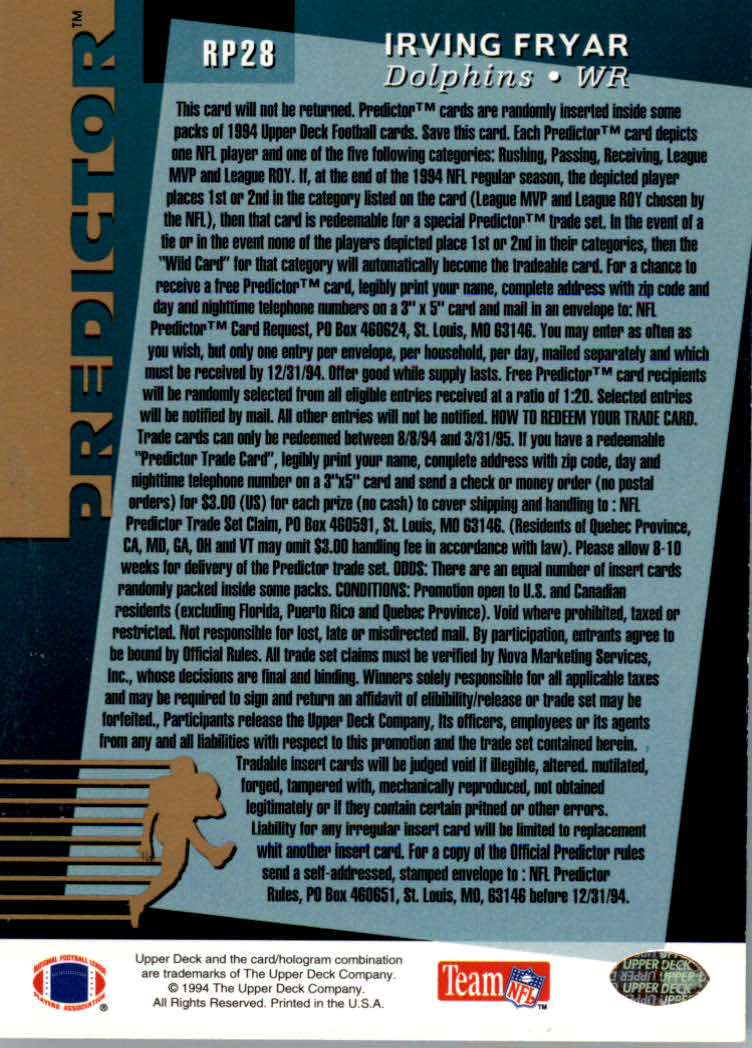 1994 Upper Deck Football "Predictor League Leaders" Insert and Prizes Cards - Picture 13 of 21