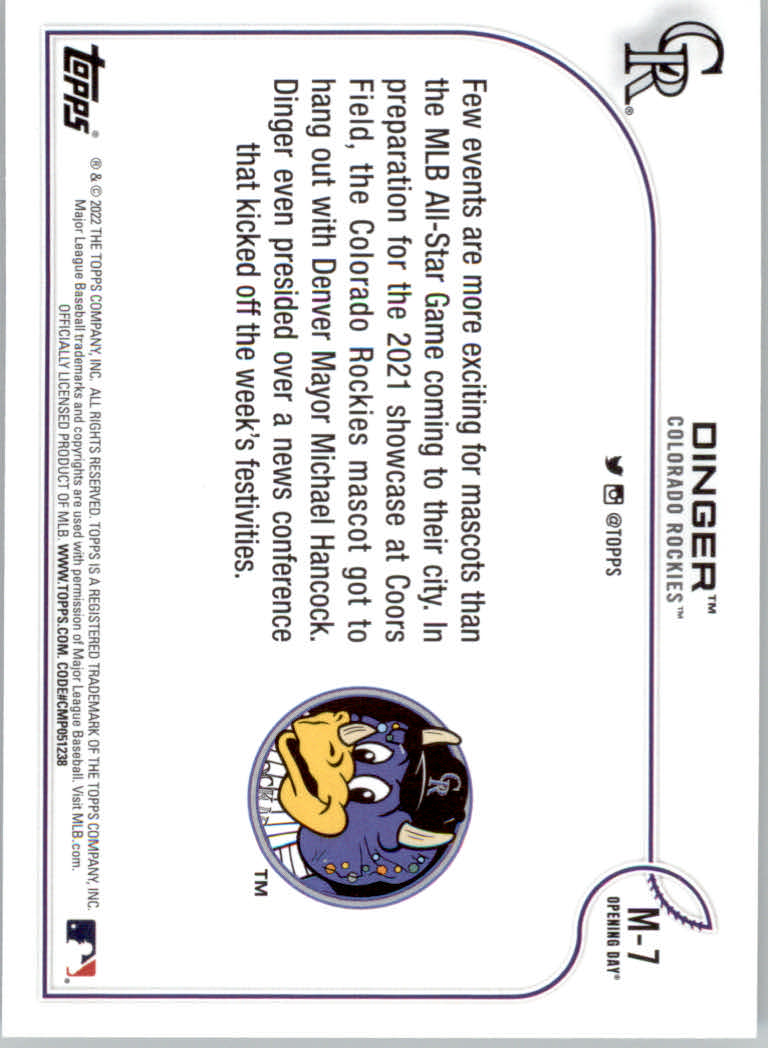 2022 Topps Opening Day Baseball "Mascots" Insert Cards - Picture 13 of 47