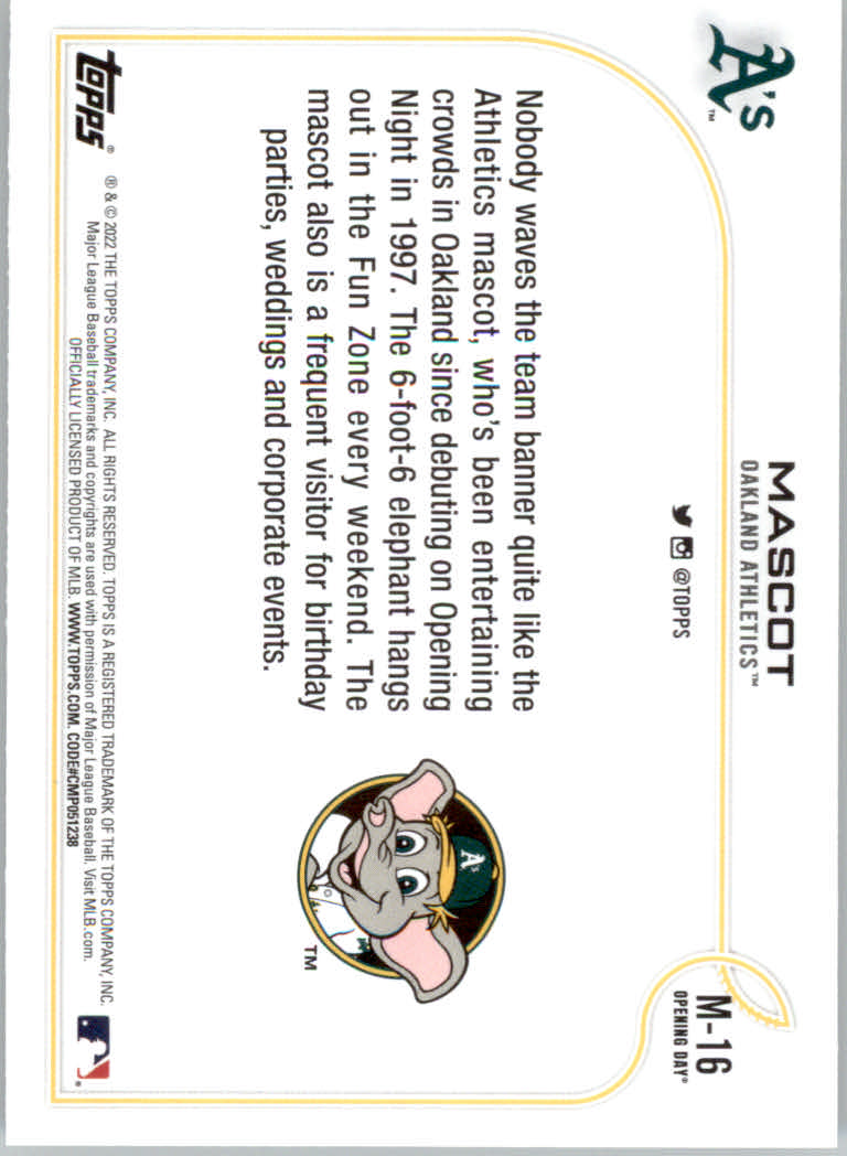 2022 Topps Opening Day Baseball "Mascots" Insert Cards - Picture 31 of 47