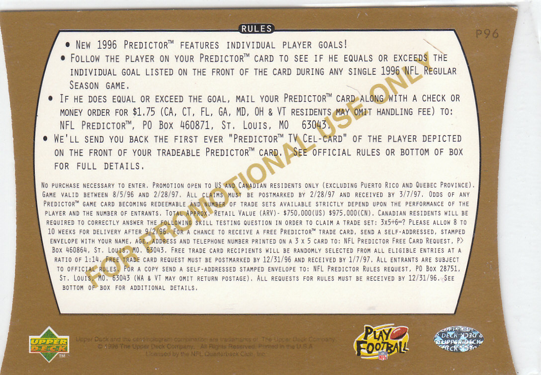 1996 Upper Deck Football "Pro Bowl and Promo" Insert Cards - Picture 3 of 8
