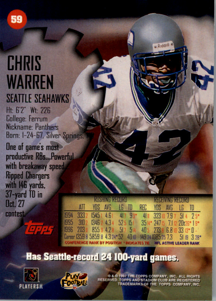 1997 Stadium Club Football "Main Set" Cards #1 to #200 Rookies and Veterans - Picture 97 of 334