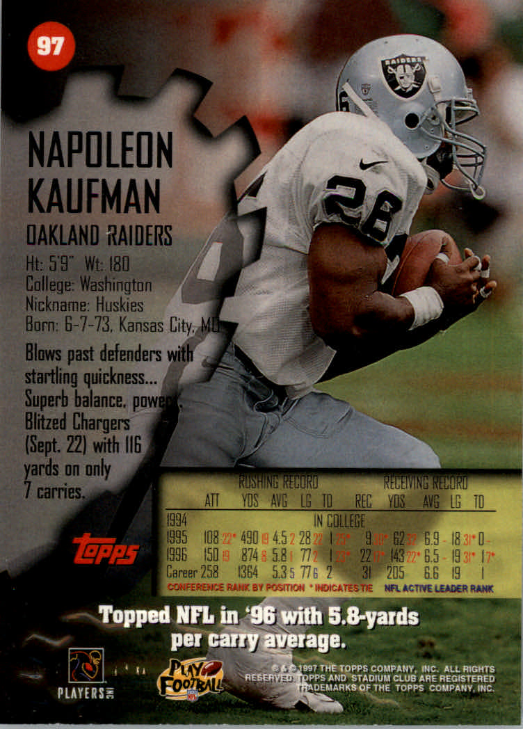 1997 Stadium Club Football "Main Set" Cards #1 to #200 Rookies and Veterans - Picture 162 of 334