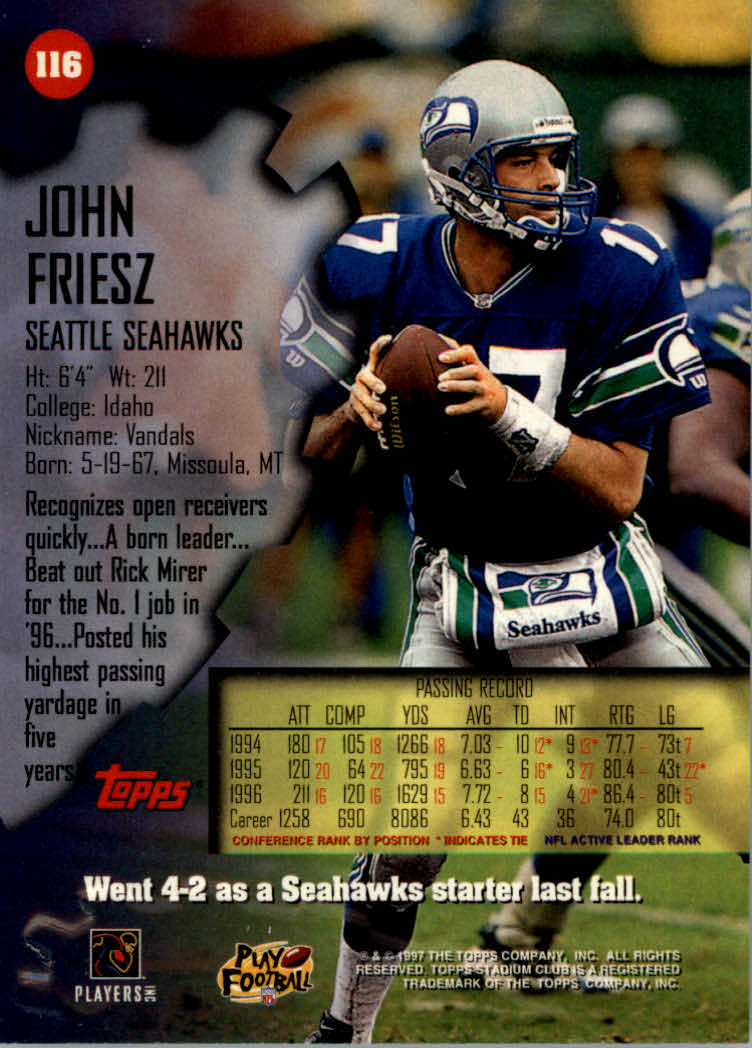 1997 Stadium Club Football "Main Set" Cards #1 to #200 Rookies and Veterans - Picture 192 of 334