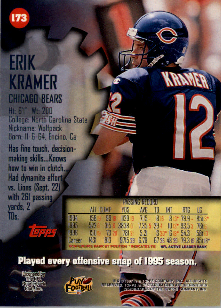 1997 Stadium Club Football "Main Set" Cards #1 to #200 Rookies and Veterans - Picture 288 of 334