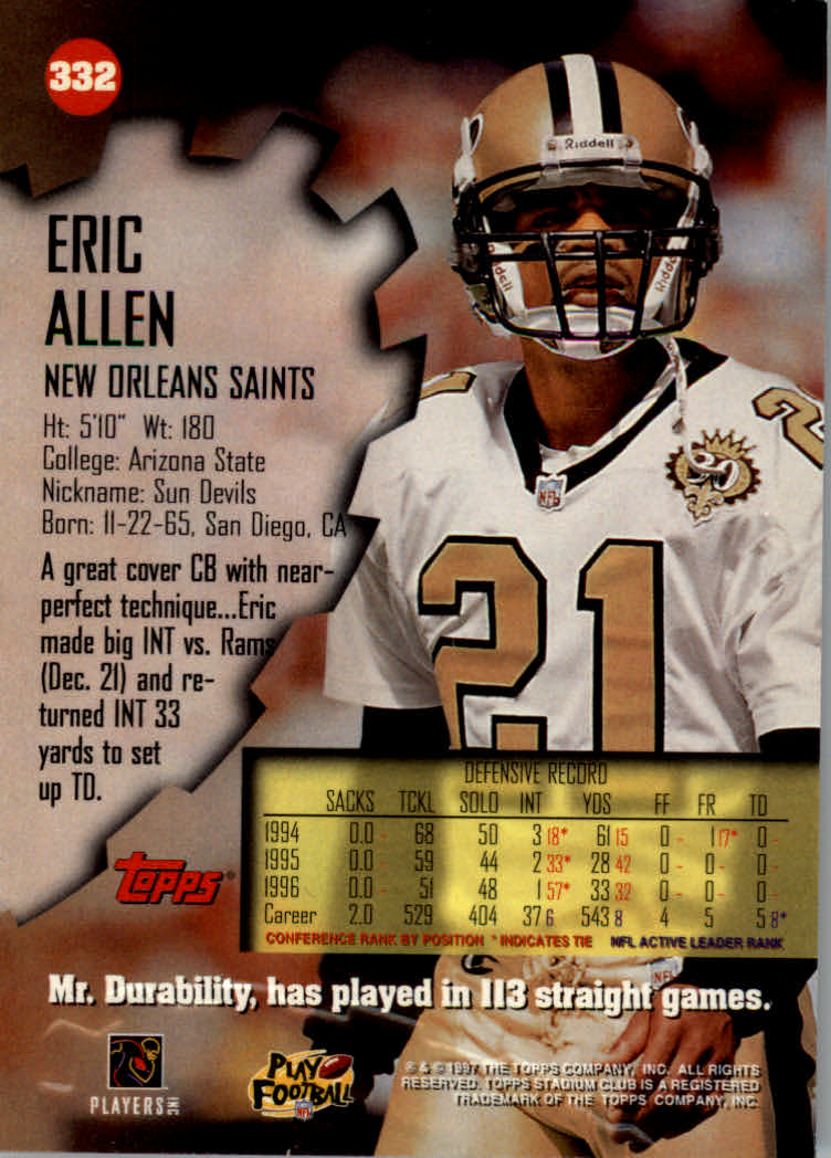 1997 Stadium Club Football "Main Set" Cards #201 to Checklists Rookies and Vets - Picture 228 of 252