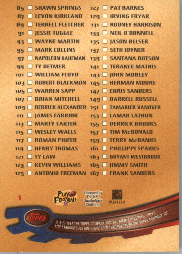 1997 Stadium Club Football "Main Set" Cards #201 to Checklists Rookies and Vets - Picture 246 of 252