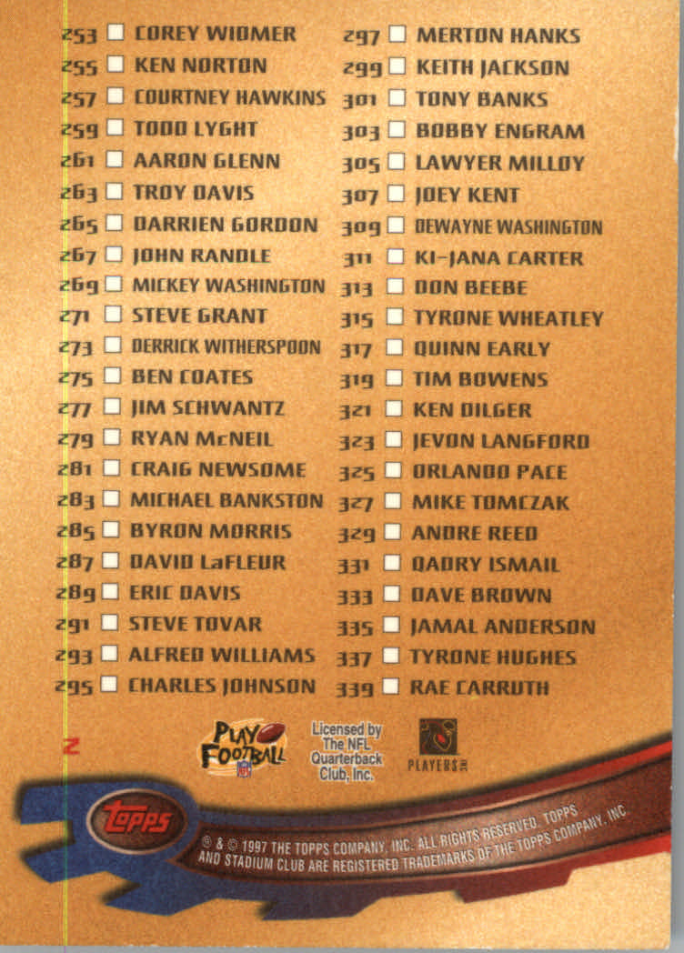 1997 Stadium Club Football "Main Set" Cards #201 to Checklists Rookies and Vets - Picture 248 of 252